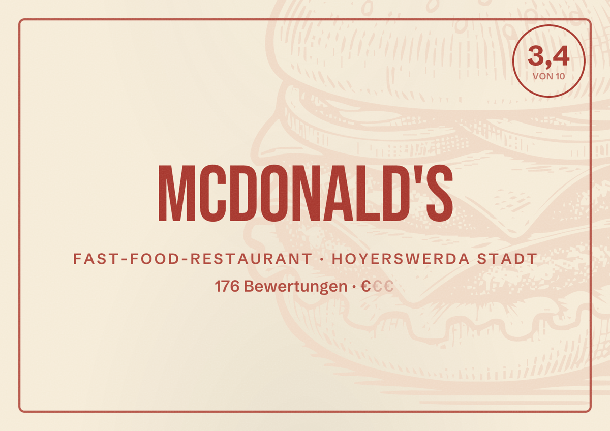 Illustriertes Poster von McDonald's, Fast-Food-Restaurant in Hoyerswerda Stadt: Bewertung 3,4 von 10 aus 176 Bewertungen, Preisniveau €