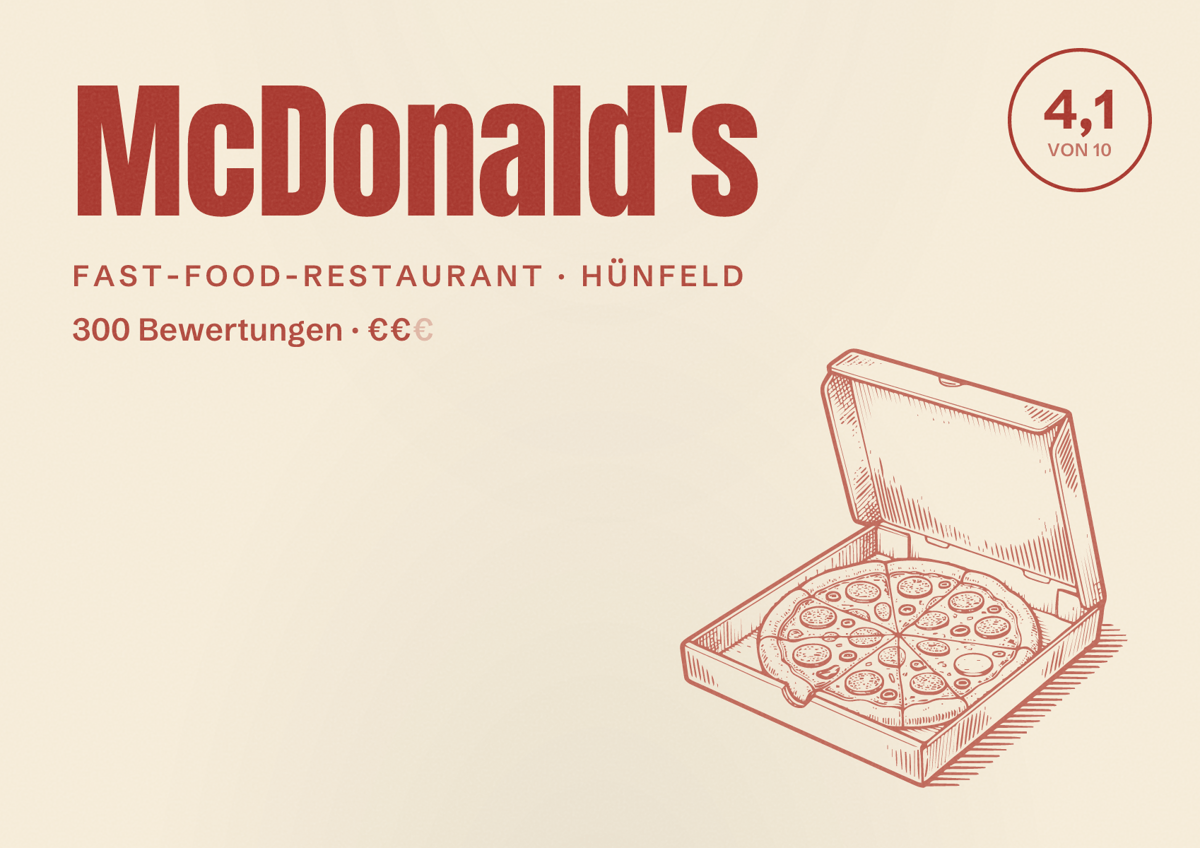 Illustriertes Poster von McDonald's, Fast-Food-Restaurant in Hünfeld: Bewertung 4,1 von 10 aus 300 Bewertungen, Preisniveau €€