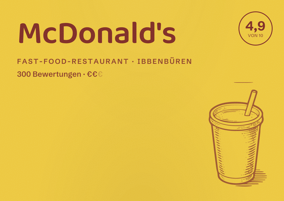 Illustriertes Poster von McDonald's, Fast-Food-Restaurant in Ibbenbüren: Bewertung 4,9 von 10 aus 300 Bewertungen, Preisniveau €€