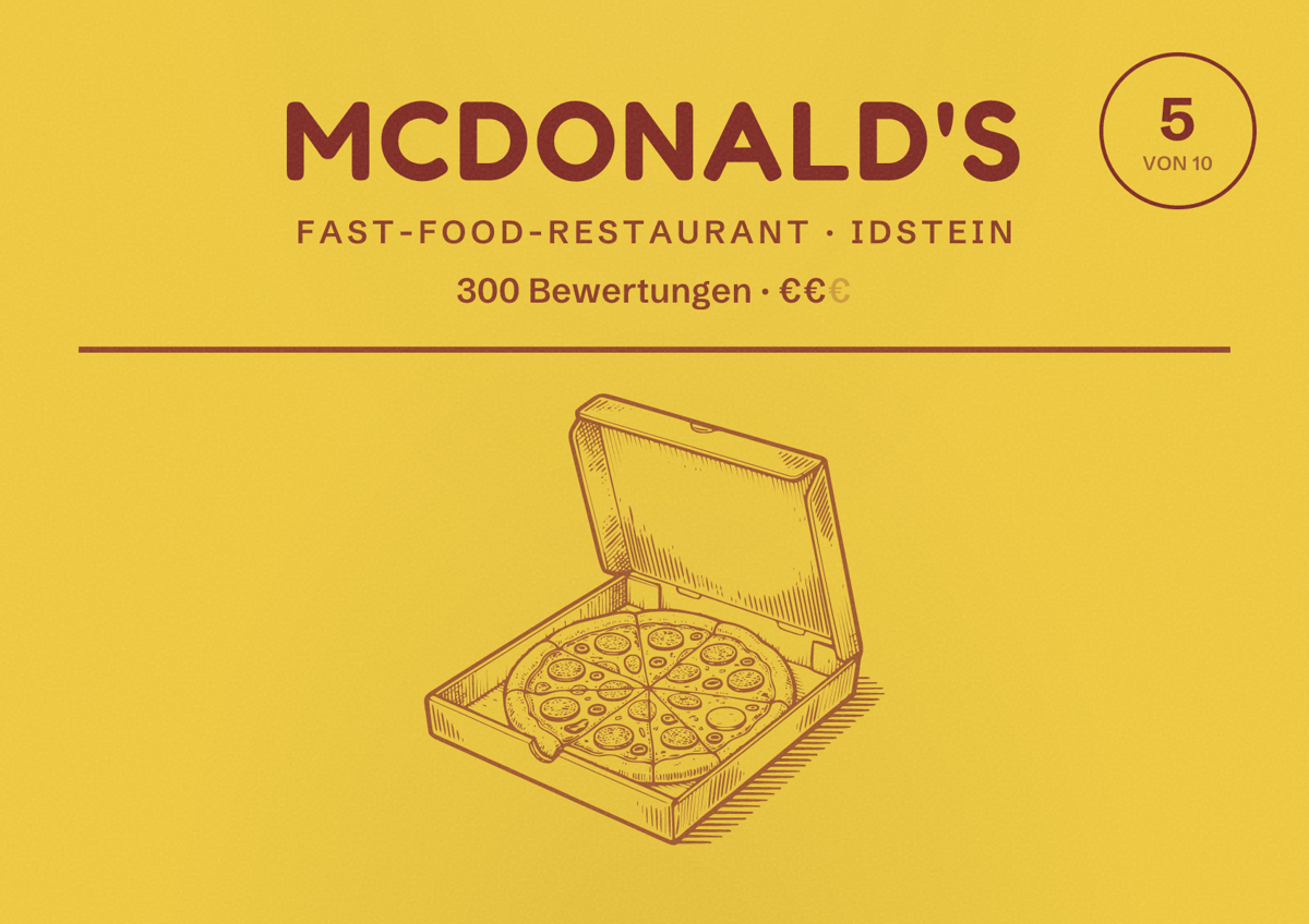 Illustriertes Poster von McDonald's, Fast-Food-Restaurant in Idstein: Bewertung 5 von 10 aus 300 Bewertungen, Preisniveau €€