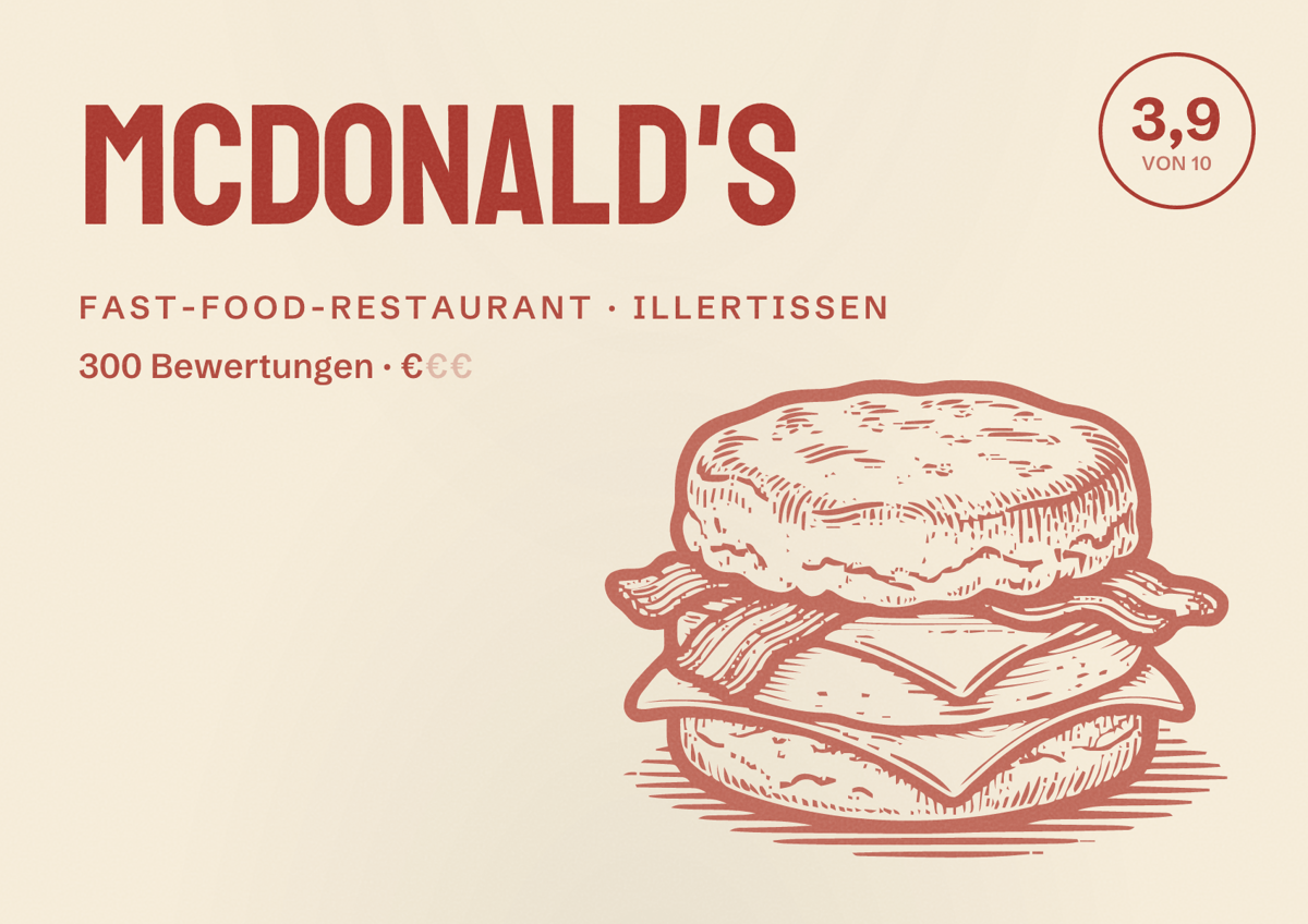 Illustriertes Poster von McDonald's, Fast-Food-Restaurant in Illertissen: Bewertung 3,9 von 10 aus 300 Bewertungen, Preisniveau €
