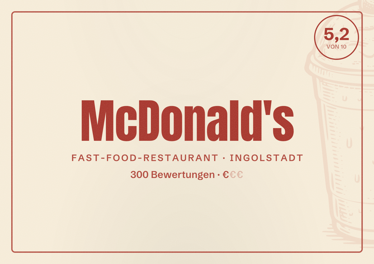 Illustriertes Poster von McDonald's, Fast-Food-Restaurant in Ingolstadt: Bewertung 5,2 von 10 aus 300 Bewertungen, Preisniveau €