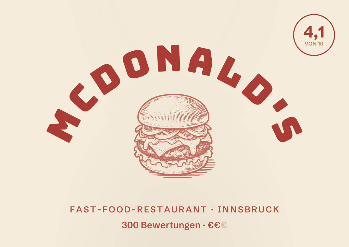 Illustriertes Poster von McDonald's, Fast-Food-Restaurant in Innsbruck: Bewertung 4,1 von 10 aus 300 Bewertungen, Preisniveau €€