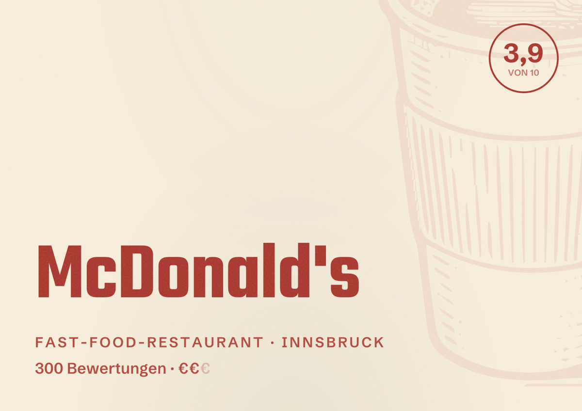 Illustriertes Poster von McDonald's, Fast-Food-Restaurant in Innsbruck: Bewertung 3,9 von 10 aus 300 Bewertungen, Preisniveau €€