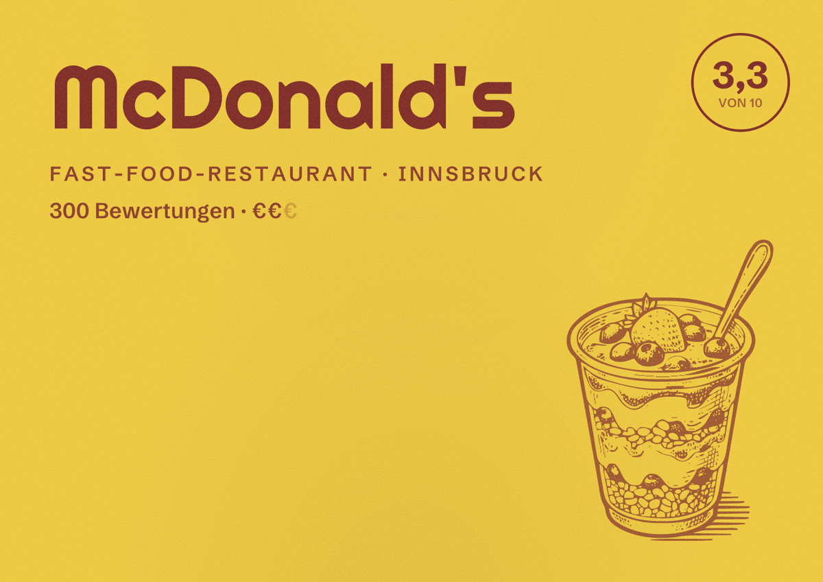 Illustriertes Poster von McDonald's, Fast-Food-Restaurant in Innsbruck: Bewertung 3,3 von 10 aus 300 Bewertungen, Preisniveau €€