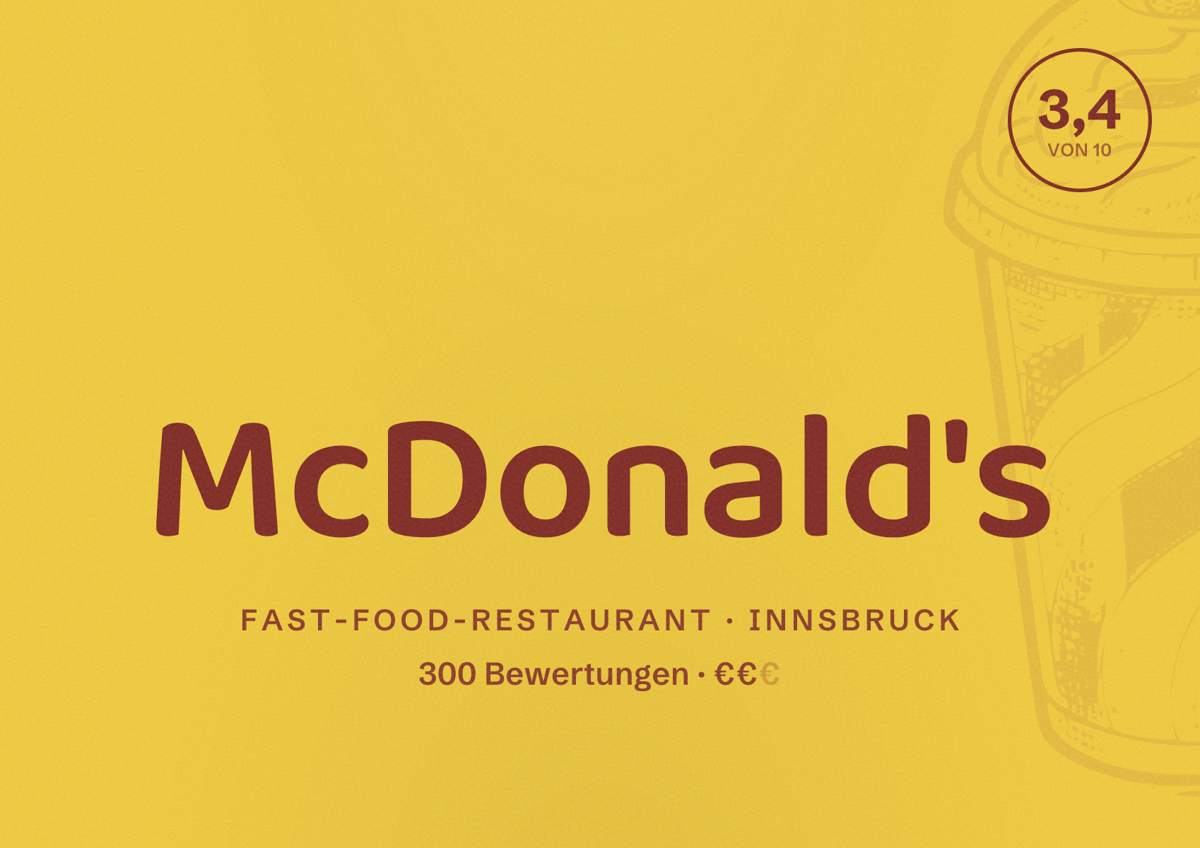 Illustriertes Poster von McDonald's, Fast-Food-Restaurant in Innsbruck: Bewertung 3,4 von 10 aus 300 Bewertungen, Preisniveau €€