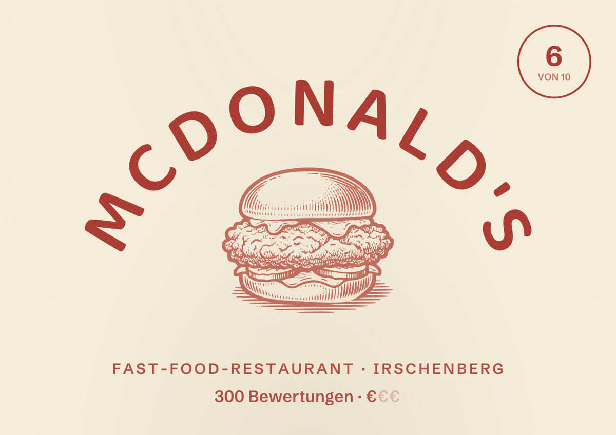 Illustriertes Poster von McDonald's, Fast-Food-Restaurant in Irschenberg: Bewertung 6 von 10 aus 300 Bewertungen, Preisniveau €