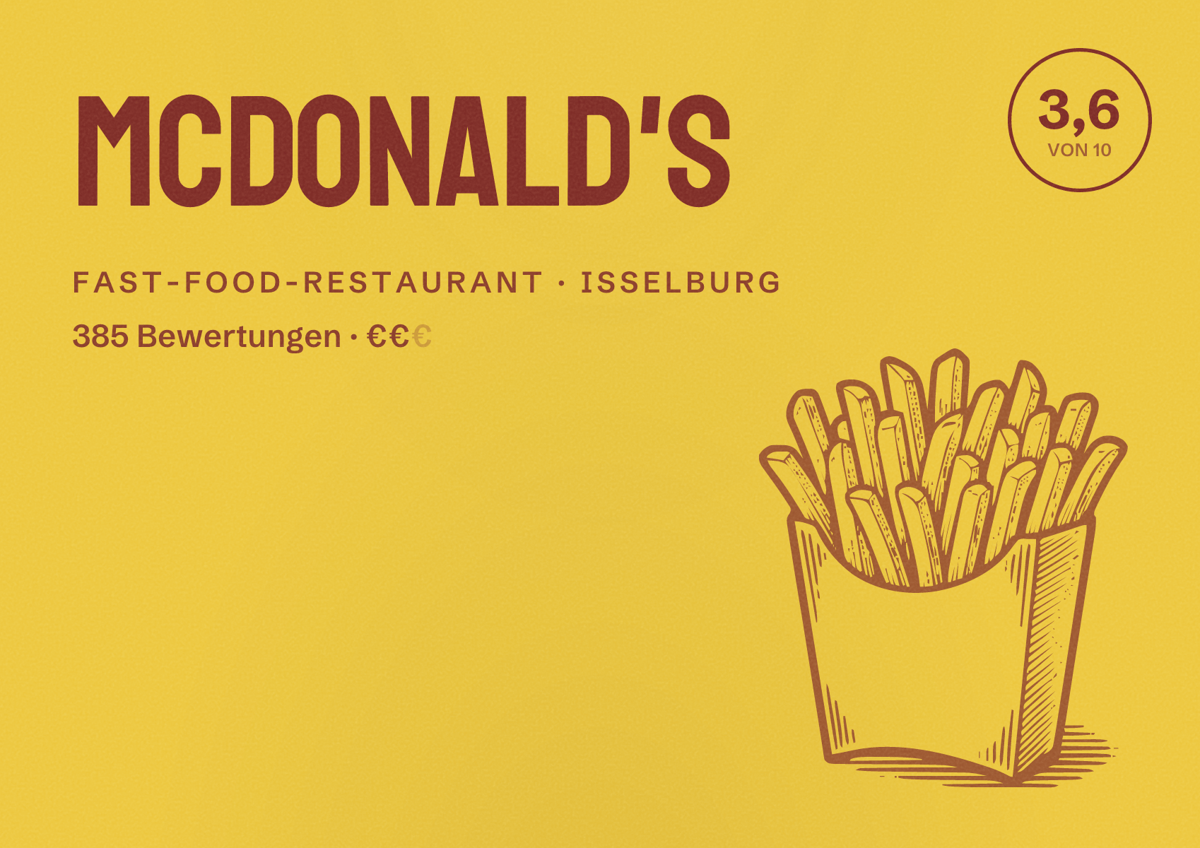 Illustriertes Poster von McDonald's, Fast-Food-Restaurant in Isselburg: Bewertung 3,6 von 10 aus 385 Bewertungen, Preisniveau €€