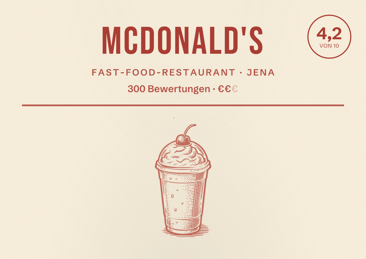 Illustriertes Poster von McDonald's, Fast-Food-Restaurant in Jena: Bewertung 4,2 von 10 aus 300 Bewertungen, Preisniveau €€