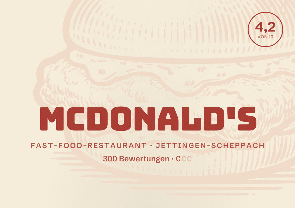 Illustriertes Poster von McDonald's, Fast-Food-Restaurant in Jettingen-Scheppach: Bewertung 4,2 von 10 aus 300 Bewertungen, Preisniveau €