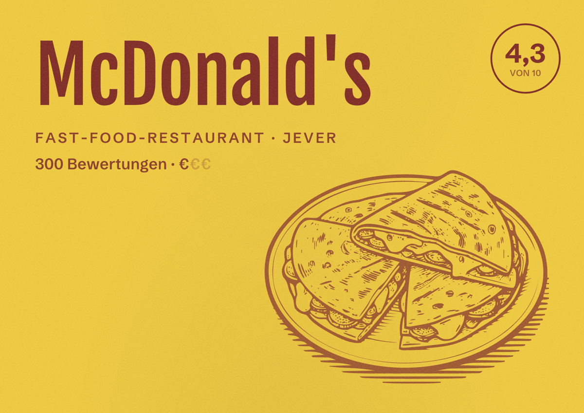 Illustriertes Poster von McDonald's, Fast-Food-Restaurant in Jever: Bewertung 4,3 von 10 aus 300 Bewertungen, Preisniveau €