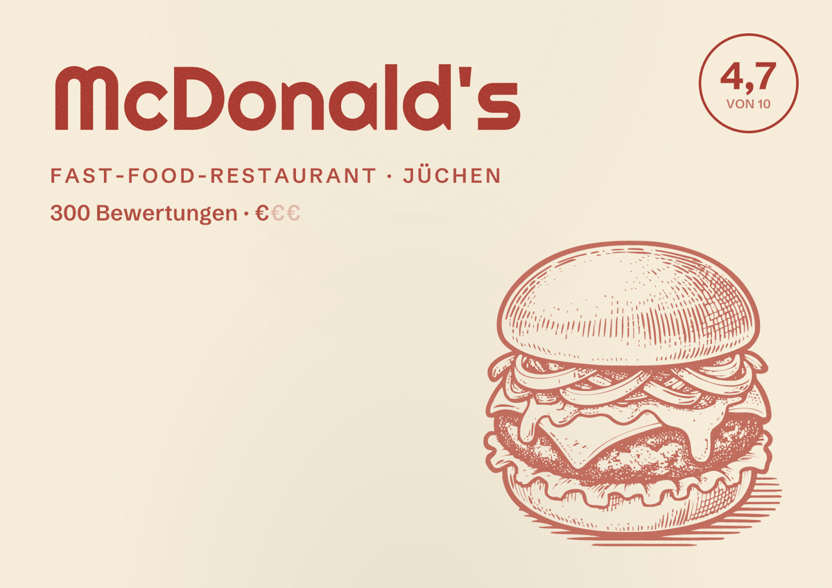 Illustriertes Poster von McDonald's, Fast-Food-Restaurant in Jüchen: Bewertung 4,7 von 10 aus 300 Bewertungen, Preisniveau €