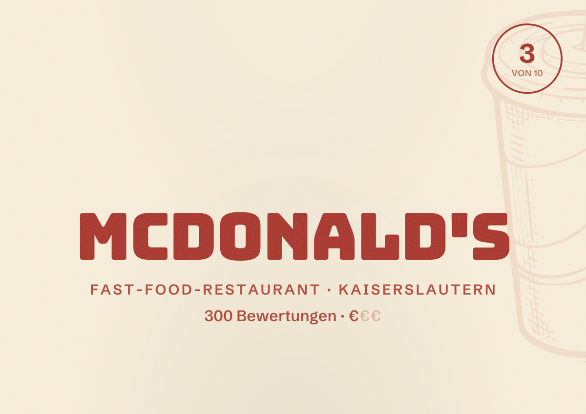 Illustriertes Poster von McDonald's, Fast-Food-Restaurant in Kaiserslautern: Bewertung 3 von 10 aus 300 Bewertungen, Preisniveau €