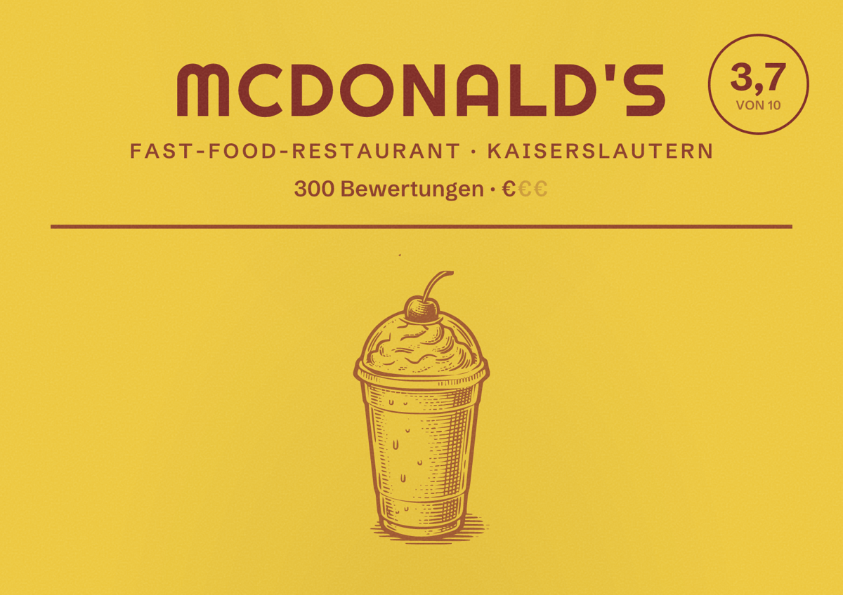 Illustriertes Poster von McDonald's, Fast-Food-Restaurant in Kaiserslautern: Bewertung 3,7 von 10 aus 300 Bewertungen, Preisniveau €