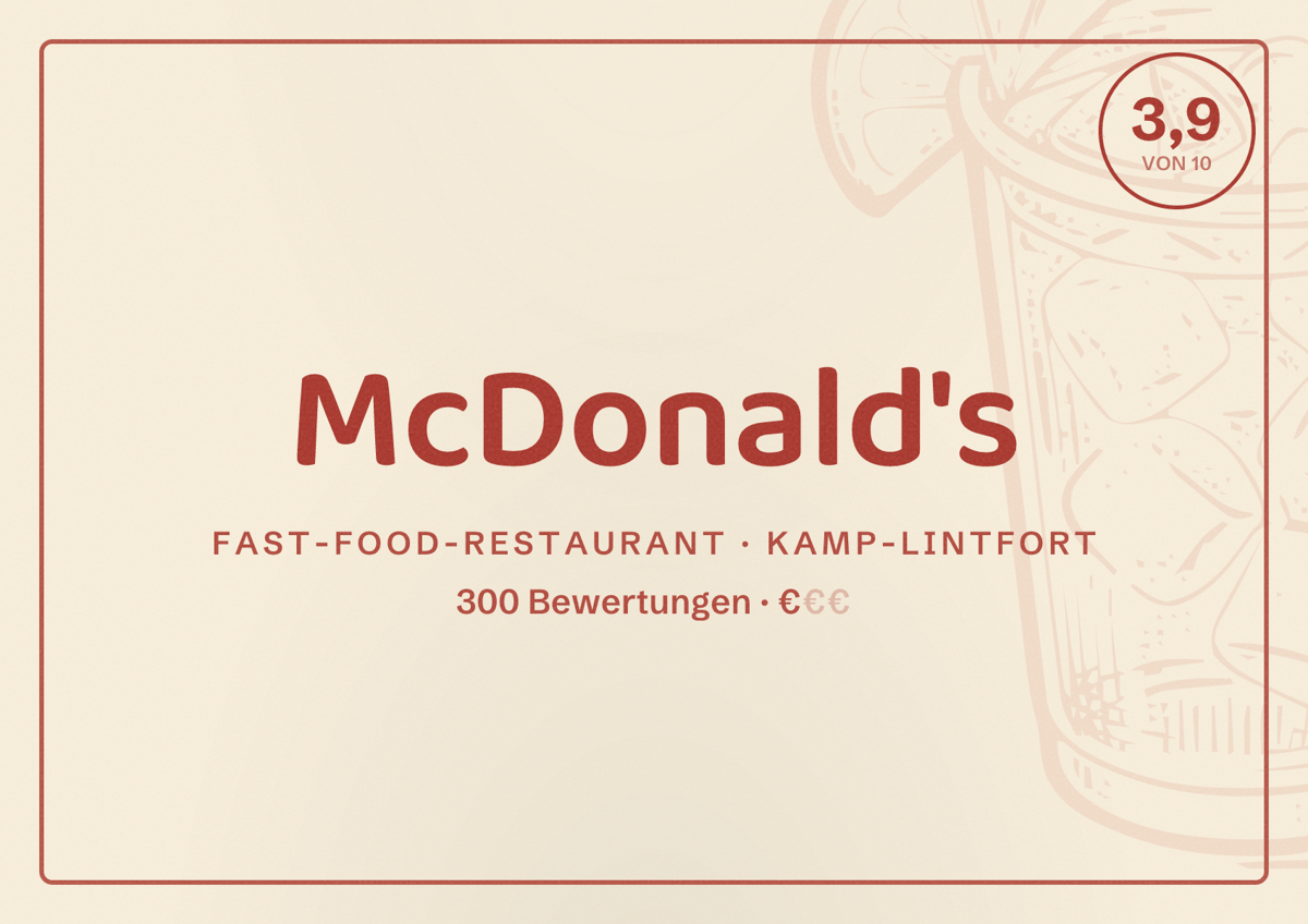 Illustriertes Poster von McDonald's, Fast-Food-Restaurant in Kamp-Lintfort: Bewertung 3,9 von 10 aus 300 Bewertungen, Preisniveau €