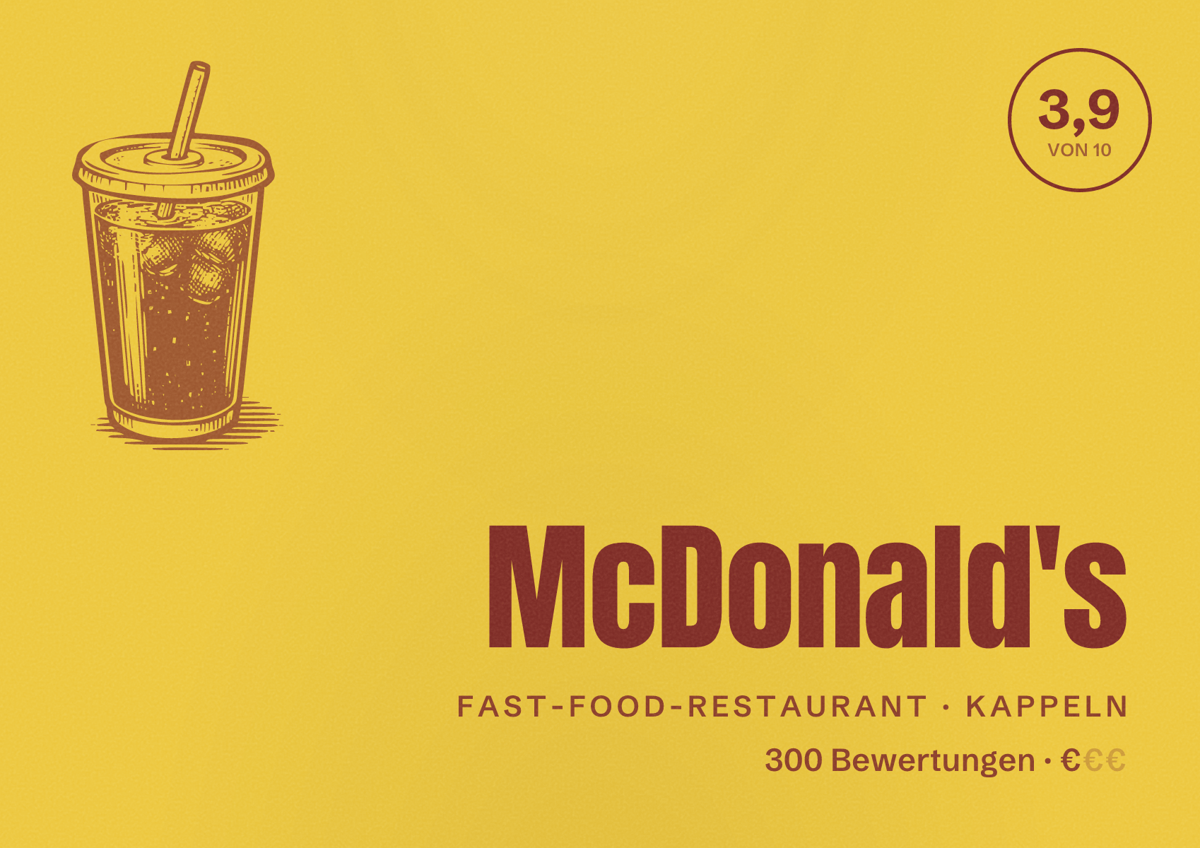 Illustriertes Poster von McDonald's, Fast-Food-Restaurant in Kappeln: Bewertung 3,9 von 10 aus 300 Bewertungen, Preisniveau €