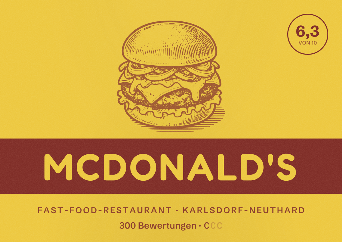 Illustriertes Poster von McDonald's, Fast-Food-Restaurant in Karlsdorf-Neuthard: Bewertung 6,3 von 10 aus 300 Bewertungen, Preisniveau €