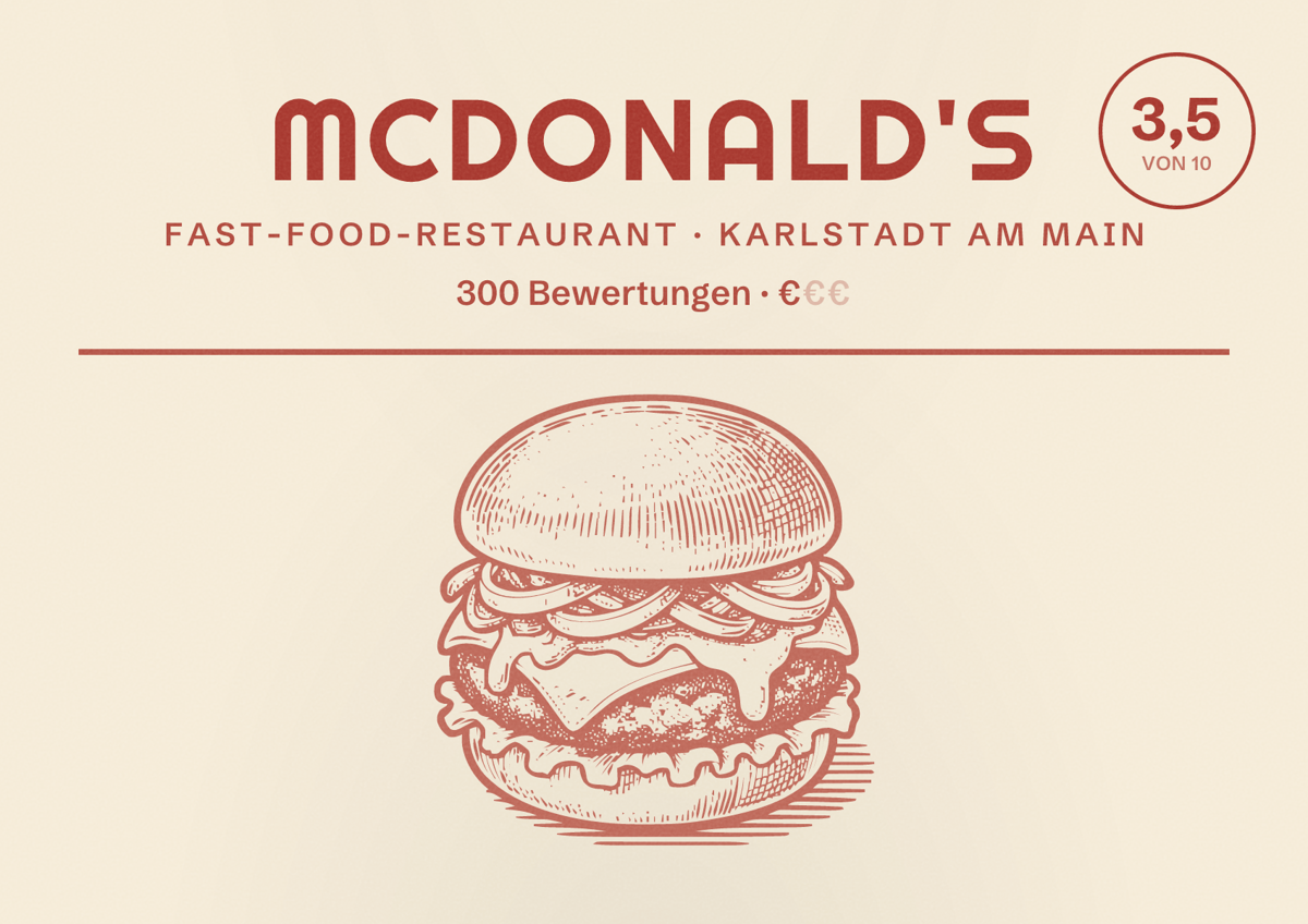 Illustriertes Poster von McDonald's, Fast-Food-Restaurant in Karlstadt am Main: Bewertung 3,5 von 10 aus 300 Bewertungen, Preisniveau €