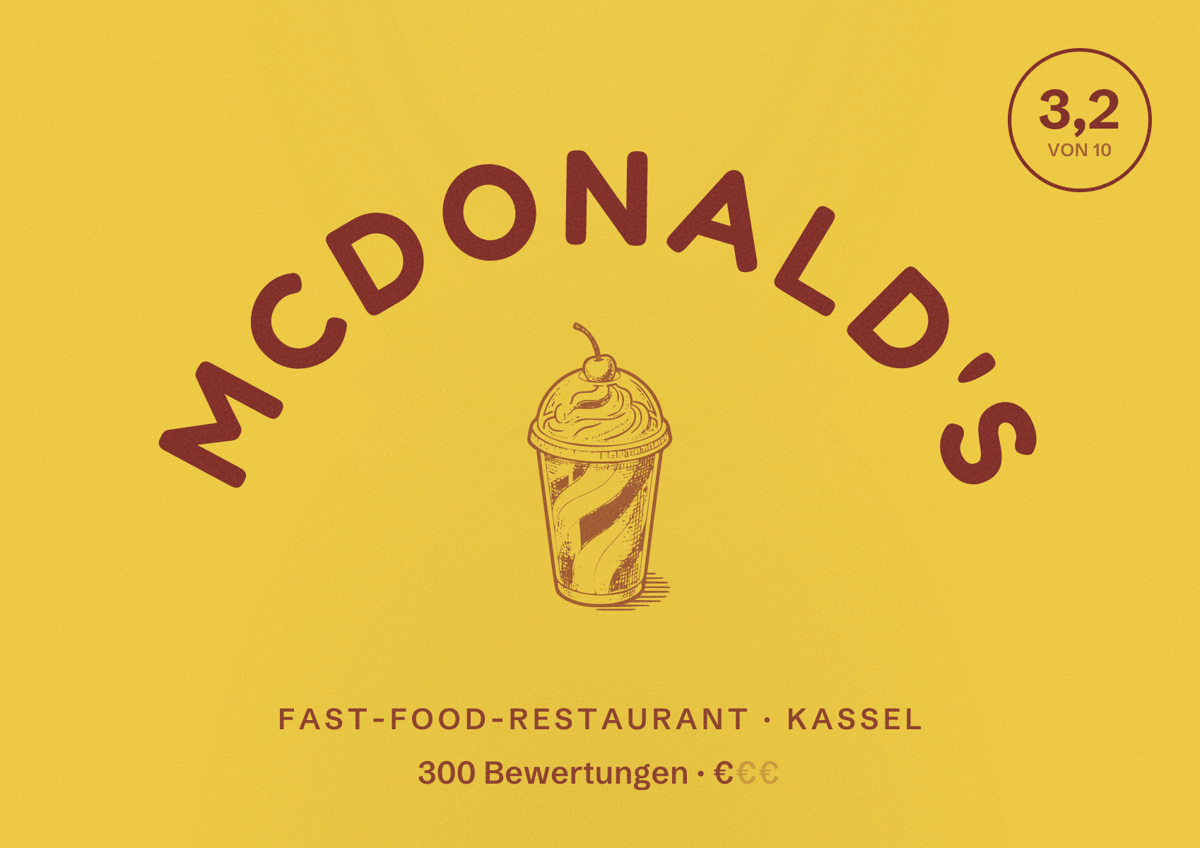 Illustriertes Poster von McDonald's, Fast-Food-Restaurant in Kassel: Bewertung 3,2 von 10 aus 300 Bewertungen, Preisniveau €