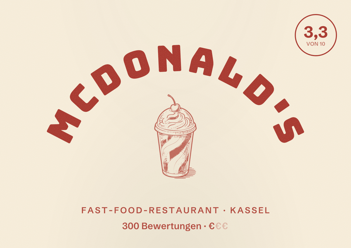 Illustriertes Poster von McDonald's, Fast-Food-Restaurant in Kassel: Bewertung 3,3 von 10 aus 300 Bewertungen, Preisniveau €
