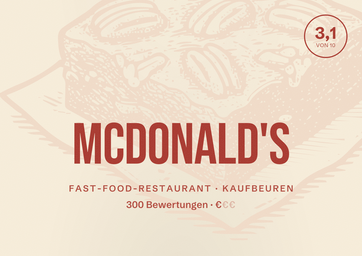 Illustriertes Poster von McDonald's, Fast-Food-Restaurant in Kaufbeuren: Bewertung 3,1 von 10 aus 300 Bewertungen, Preisniveau €