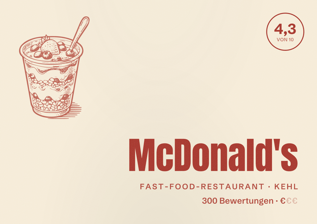 Illustriertes Poster von McDonald's, Fast-Food-Restaurant in Kehl: Bewertung 4,3 von 10 aus 300 Bewertungen, Preisniveau €