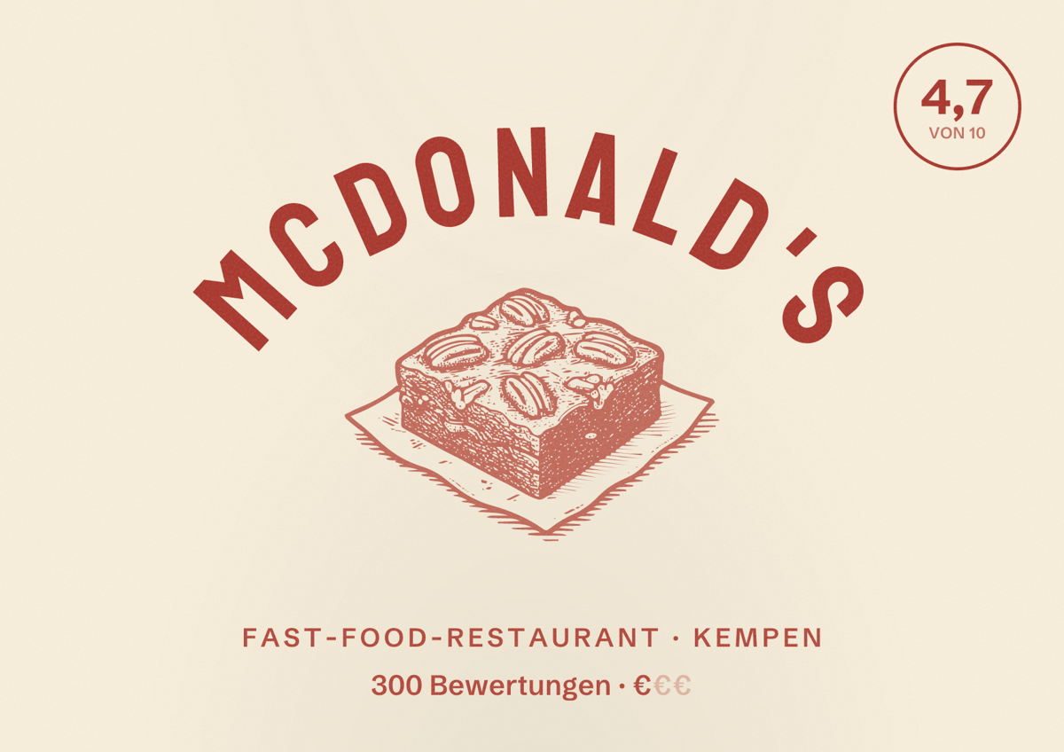 Illustriertes Poster von McDonald's, Fast-Food-Restaurant in Kempen: Bewertung 4,7 von 10 aus 300 Bewertungen, Preisniveau €