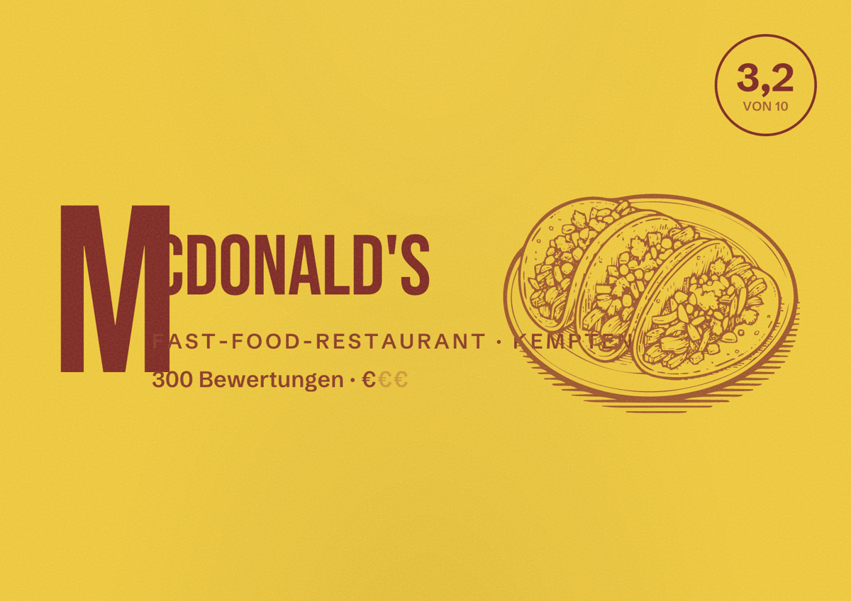 Illustriertes Poster von McDonald's, Fast-Food-Restaurant in Kempten: Bewertung 3,2 von 10 aus 300 Bewertungen, Preisniveau €