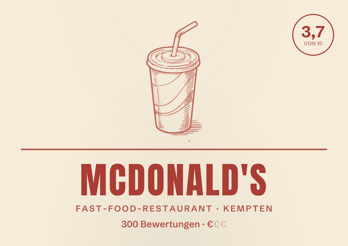 Illustriertes Poster von McDonald's, Fast-Food-Restaurant in Kempten: Bewertung 3,7 von 10 aus 300 Bewertungen, Preisniveau €
