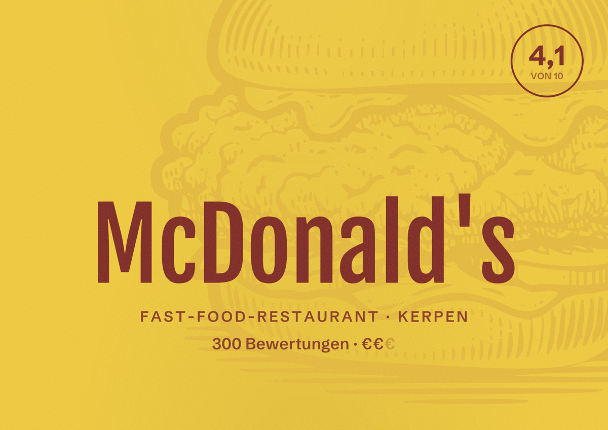 Illustriertes Poster von McDonald's, Fast-Food-Restaurant in Kerpen: Bewertung 4,1 von 10 aus 300 Bewertungen, Preisniveau €€