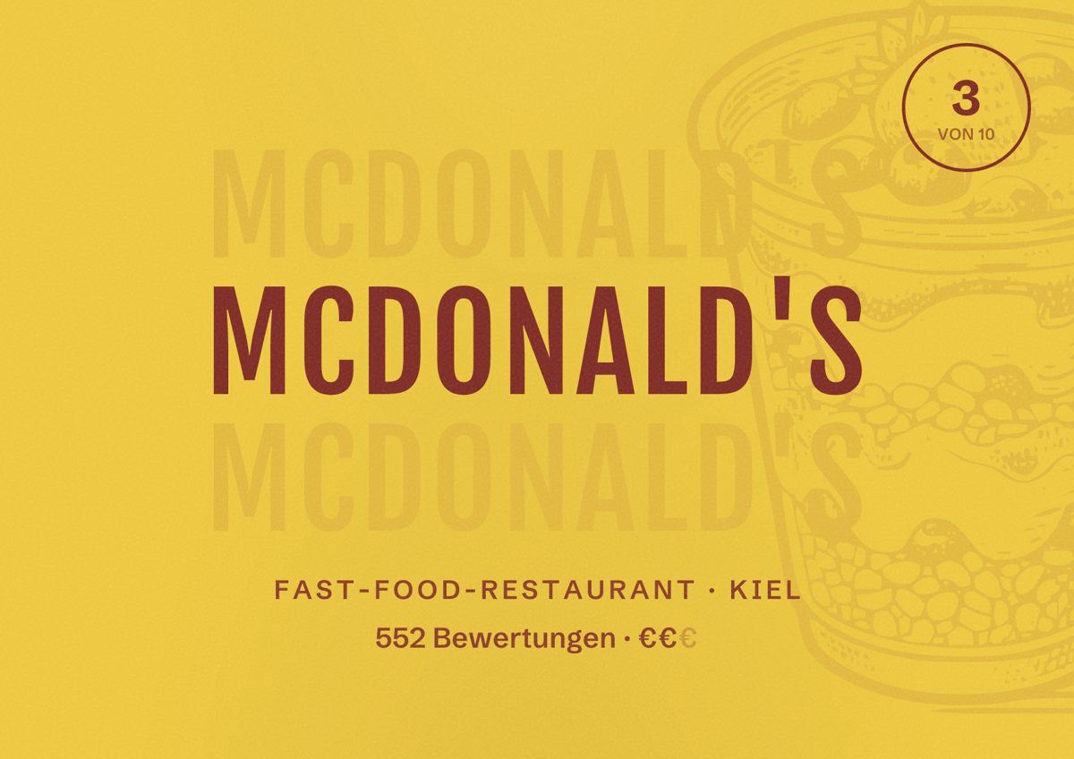 Illustriertes Poster von McDonald's, Fast-Food-Restaurant in Kiel: Bewertung 3,0 von 10 aus 552 Bewertungen, Preisniveau €€