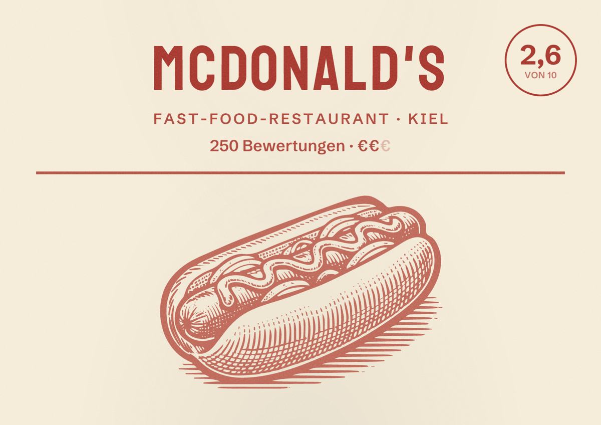 Illustriertes Poster von McDonald's, Fast-Food-Restaurant in Kiel: Bewertung 2,6 von 10 aus 250 Bewertungen, Preisniveau €€