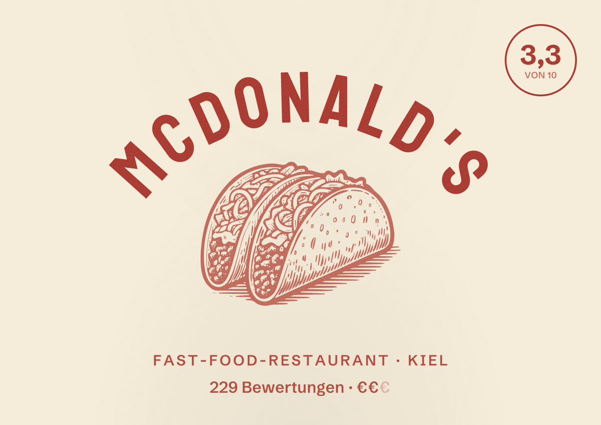 Illustriertes Poster von McDonald's, Fast-Food-Restaurant in Kiel: Bewertung 3,3 von 10 aus 229 Bewertungen, Preisniveau €€