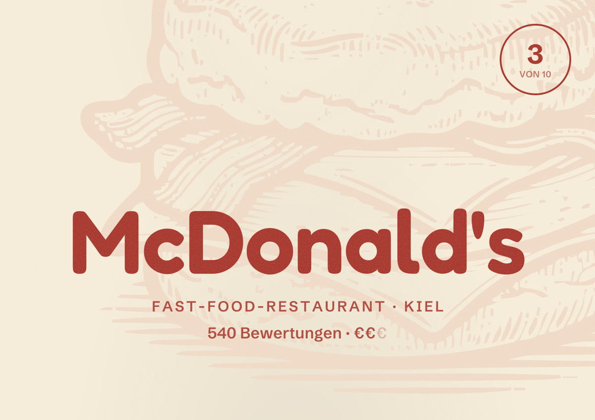 Illustriertes Poster von McDonald's, Fast-Food-Restaurant in Kiel: Bewertung 3,0 von 10 aus 540 Bewertungen, Preisniveau €€