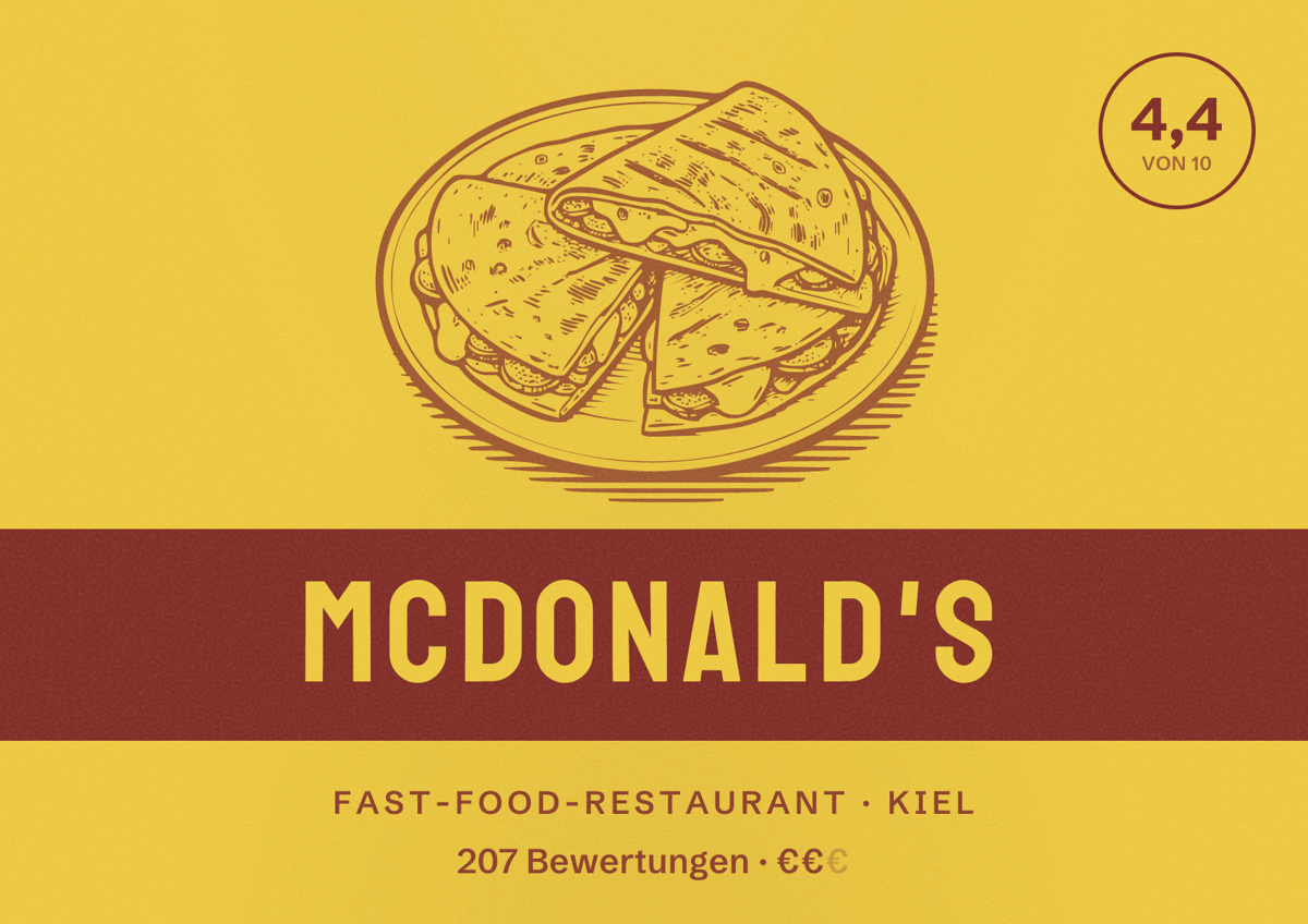 Illustriertes Poster von McDonald's, Fast-Food-Restaurant in Kiel: Bewertung 4,4 von 10 aus 207 Bewertungen, Preisniveau €€