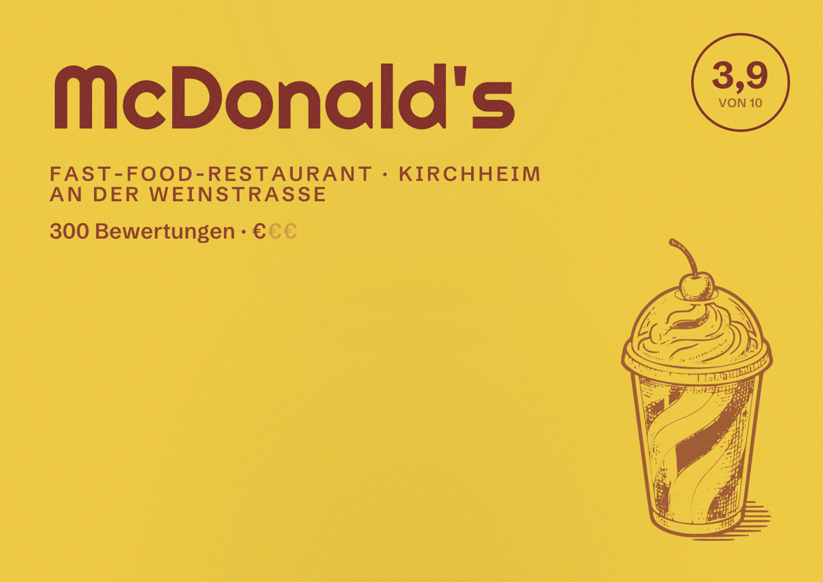 Illustriertes Poster von McDonald's, Fast-Food-Restaurant in Kirchheim an der Weinstraße: Bewertung 3,9 von 10 aus 300 Bewertungen, Preisniveau €