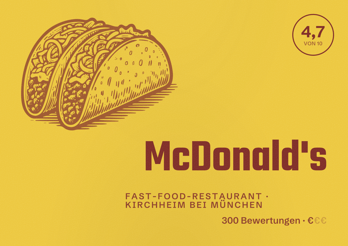 Illustriertes Poster von McDonald's, Fast-Food-Restaurant in Kirchheim bei München: Bewertung 4,7 von 10 aus 300 Bewertungen, Preisniveau €