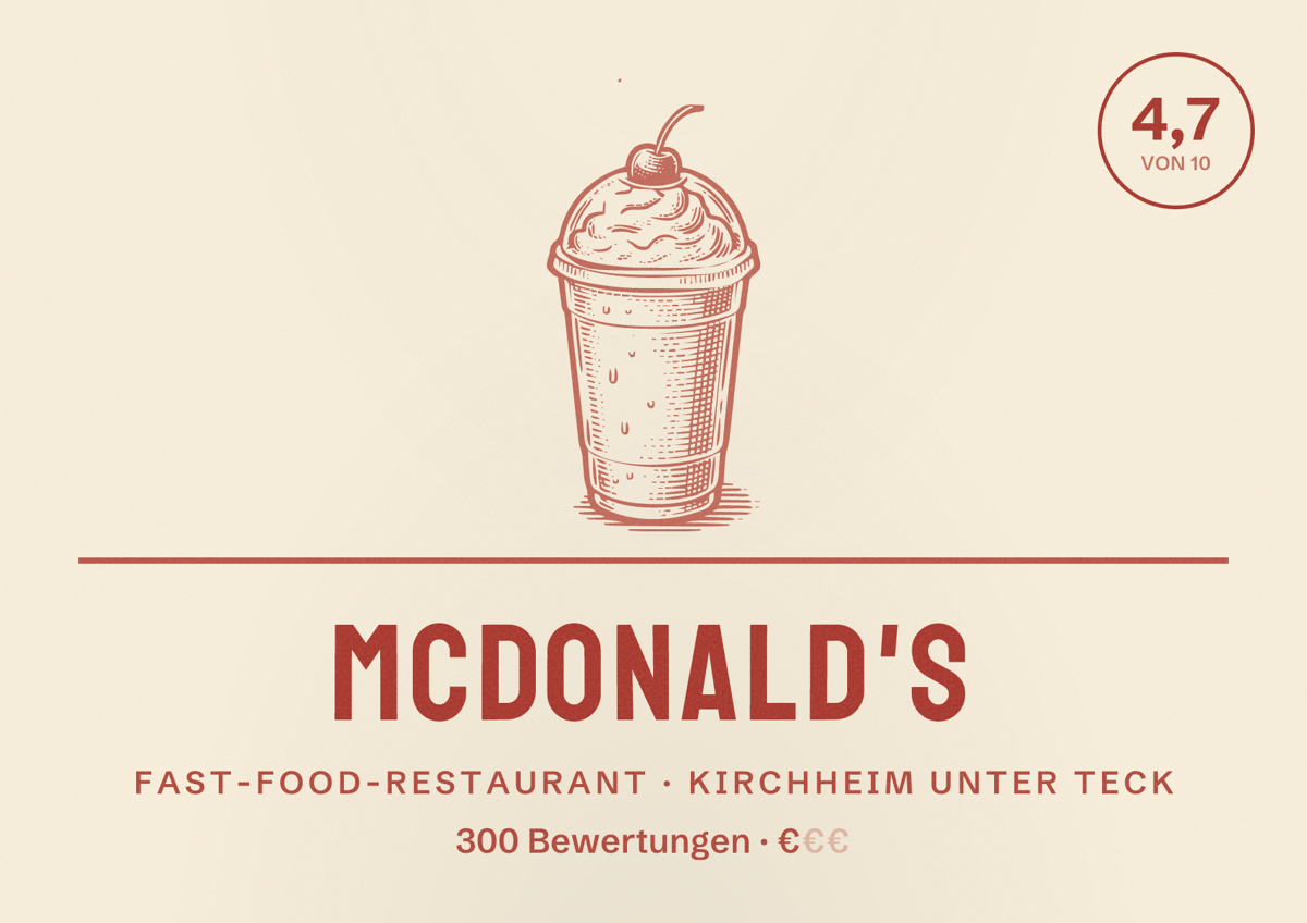 Illustriertes Poster von McDonald's, Fast-Food-Restaurant in Kirchheim unter Teck: Bewertung 4,7 von 10 aus 300 Bewertungen, Preisniveau €