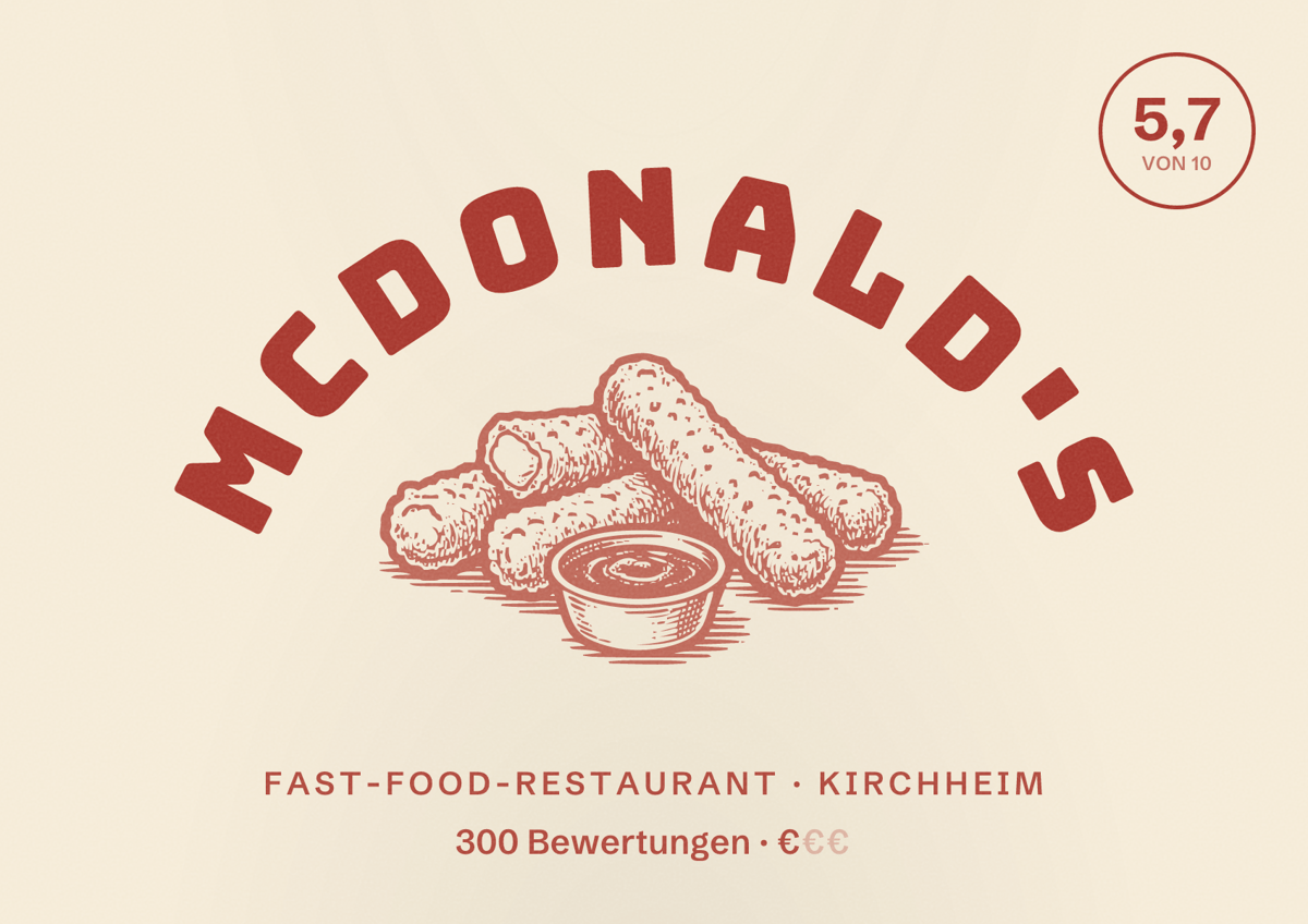 Illustriertes Poster von McDonald's, Fast-Food-Restaurant in Kirchheim: Bewertung 5,7 von 10 aus 300 Bewertungen, Preisniveau €