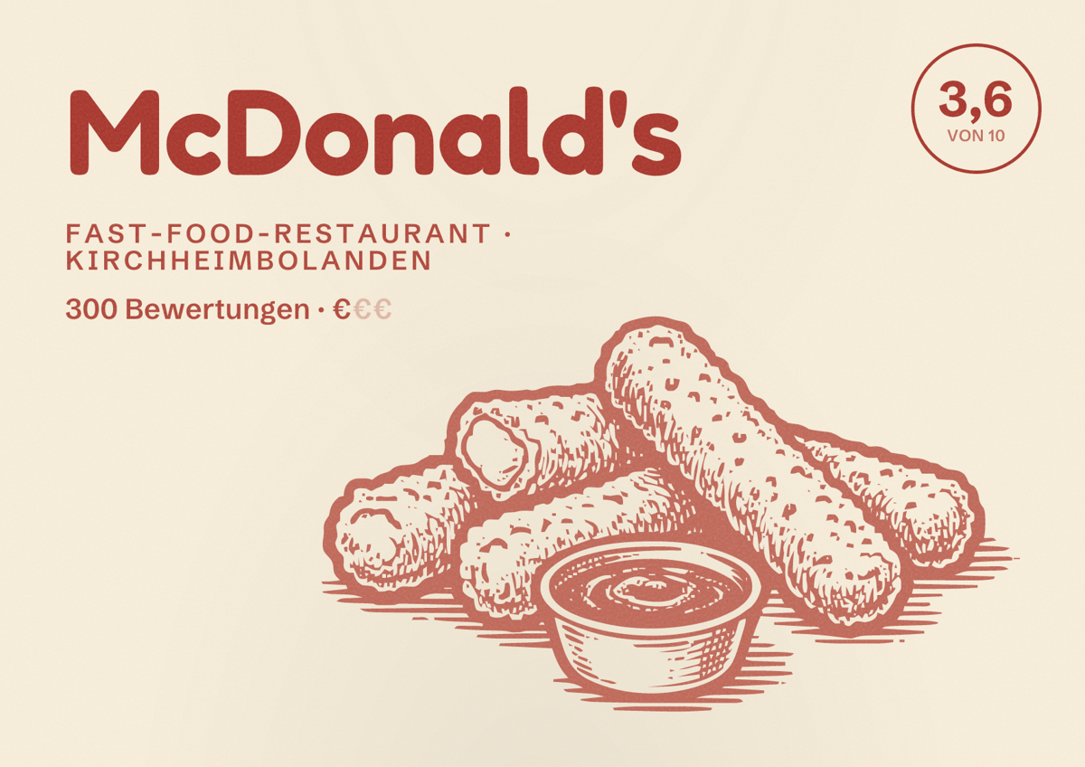 Illustriertes Poster von McDonald's, Fast-Food-Restaurant in Kirchheimbolanden: Bewertung 3,6 von 10 aus 300 Bewertungen, Preisniveau €