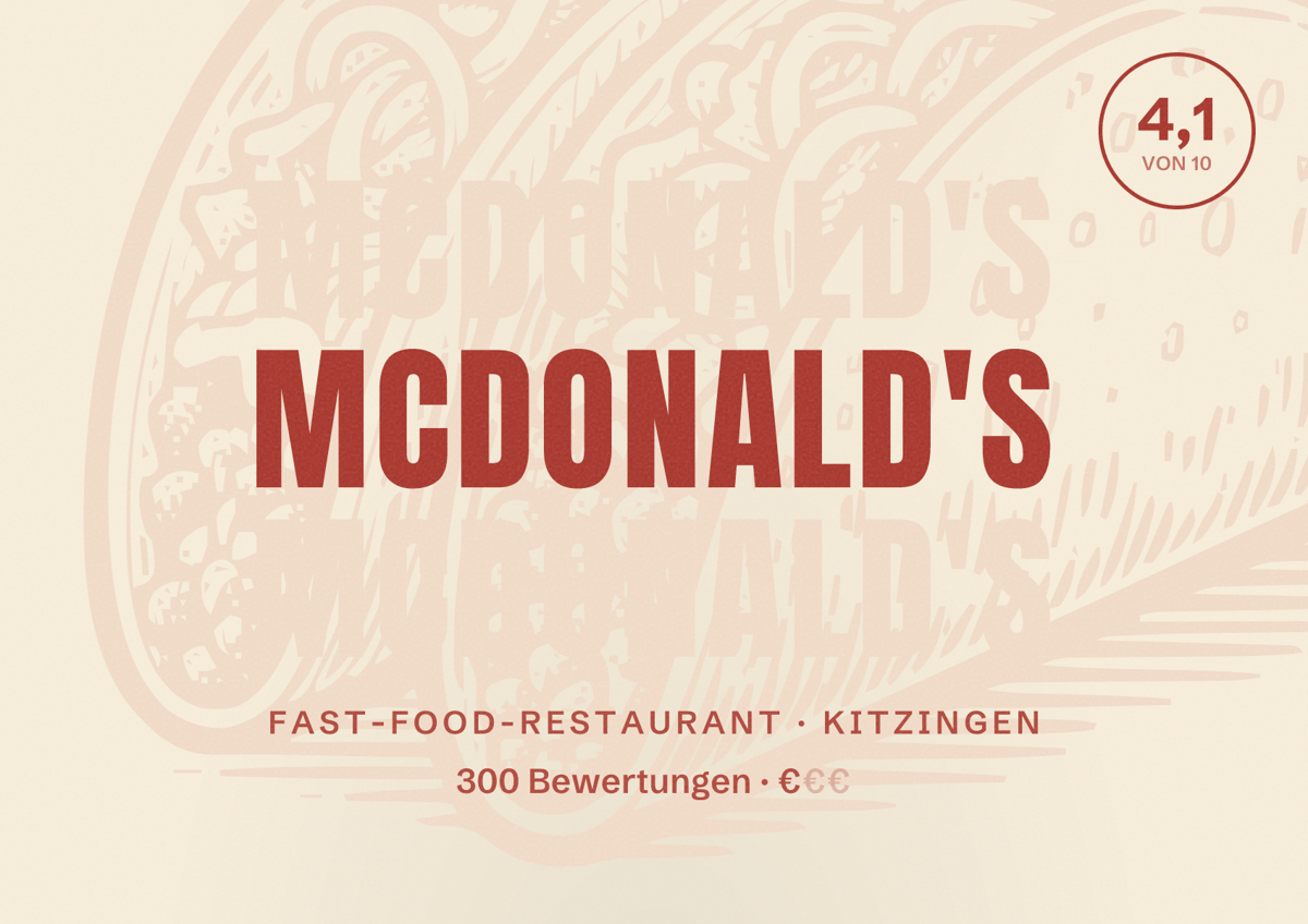Illustriertes Poster von McDonald's, Fast-Food-Restaurant in Kitzingen: Bewertung 4,1 von 10 aus 300 Bewertungen, Preisniveau €
