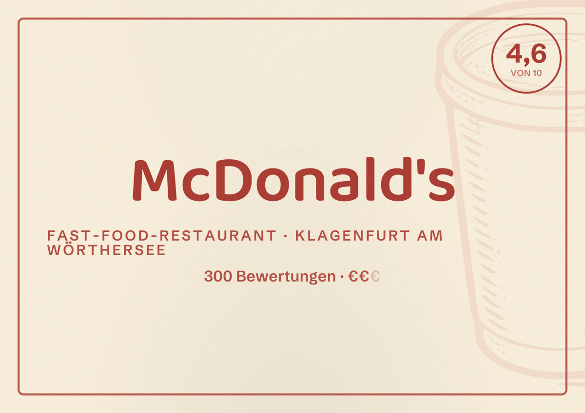 Illustriertes Poster von McDonald's, Fast-Food-Restaurant in Klagenfurt am Wörthersee: Bewertung 4,6 von 10 aus 300 Bewertungen, Preisniveau €€