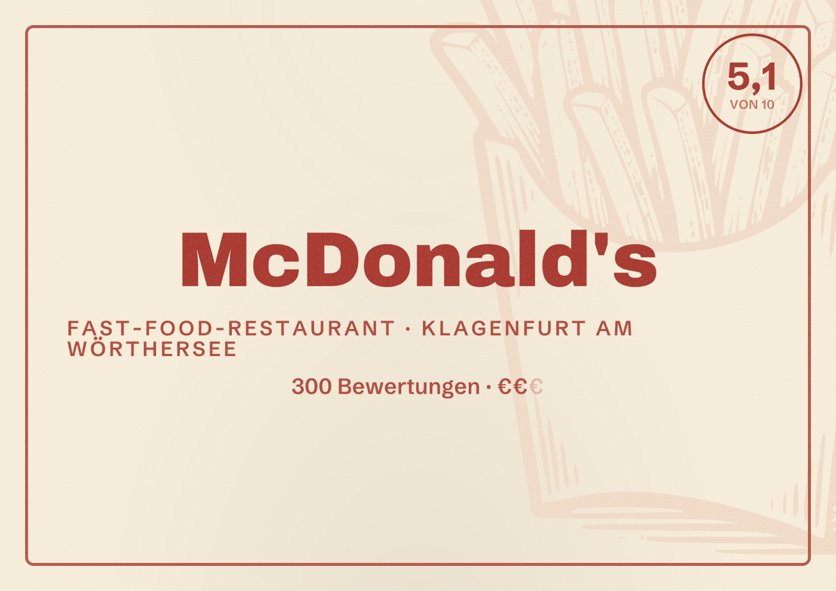 Illustriertes Poster von McDonald's, Fast-Food-Restaurant in Klagenfurt am Wörthersee: Bewertung 5,1 von 10 aus 300 Bewertungen, Preisniveau €€