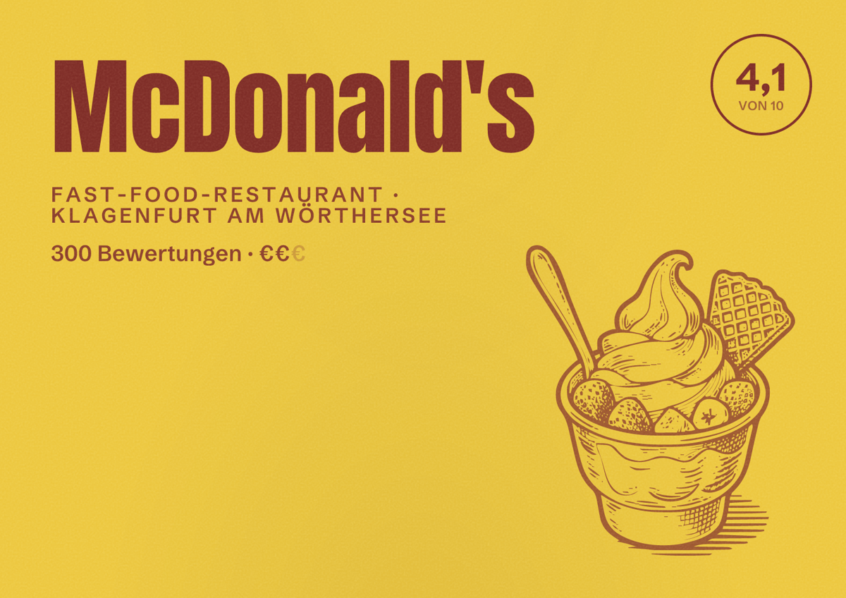 Illustriertes Poster von McDonald's, Fast-Food-Restaurant in Klagenfurt am Wörthersee: Bewertung 4,1 von 10 aus 300 Bewertungen, Preisniveau €€