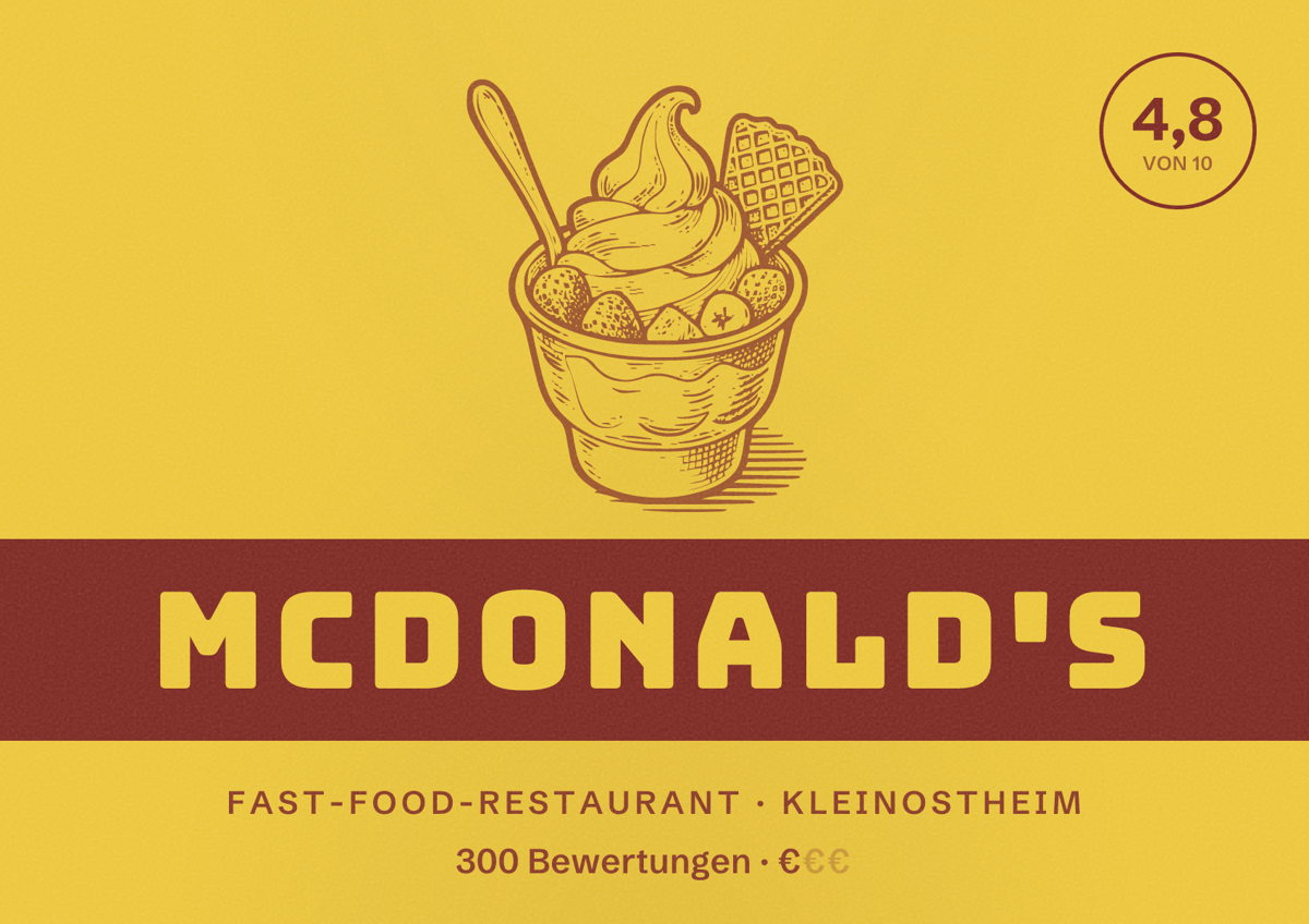 Illustriertes Poster von McDonald's, Fast-Food-Restaurant in Kleinostheim: Bewertung 4,8 von 10 aus 300 Bewertungen, Preisniveau €