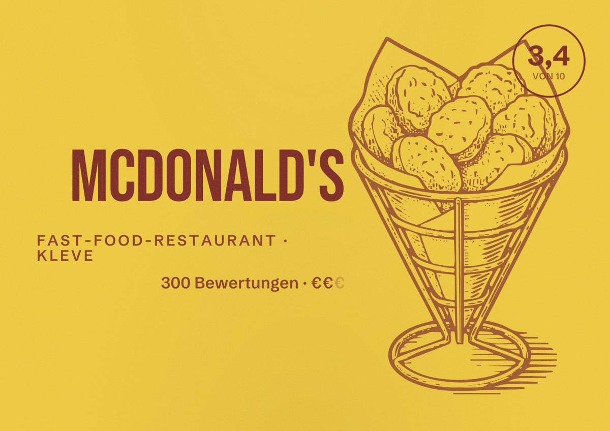 Illustriertes Poster von McDonald's, Fast-Food-Restaurant in Kleve: Bewertung 3,4 von 10 aus 300 Bewertungen, Preisniveau €€