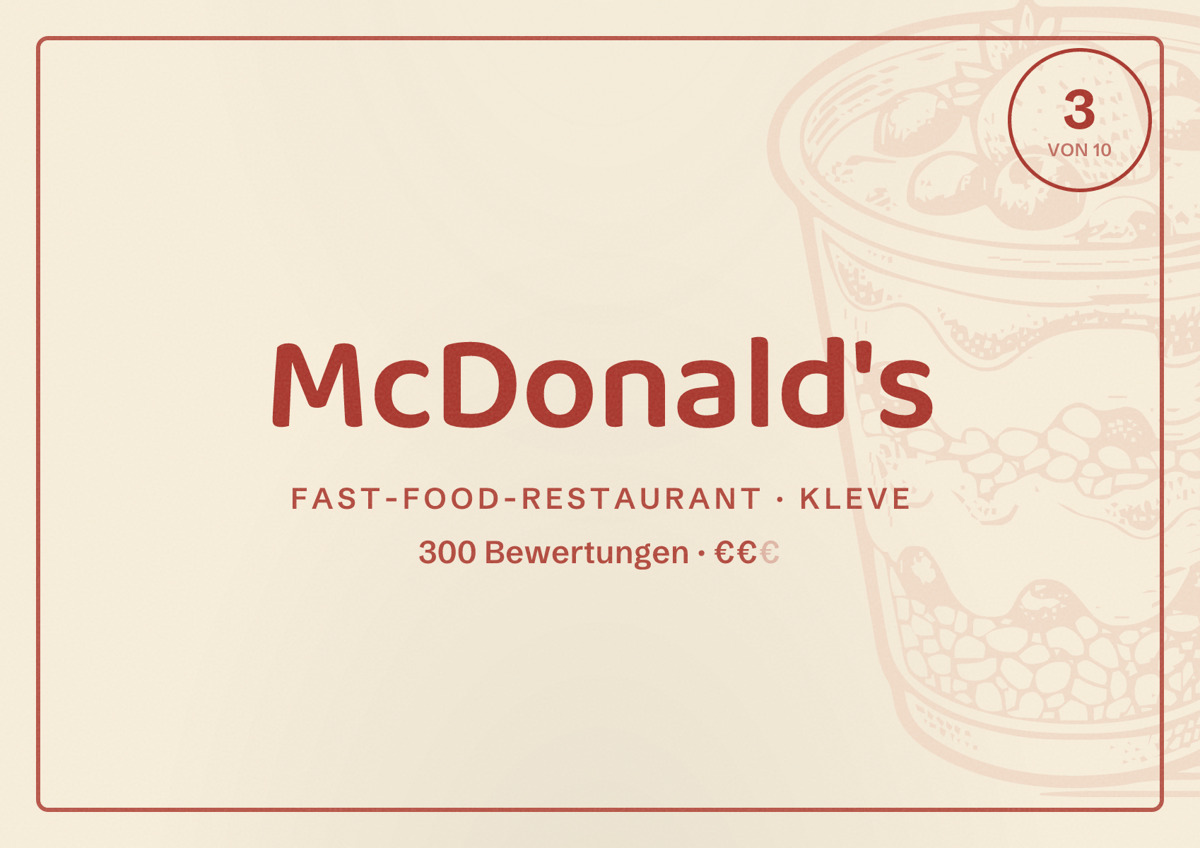 Illustriertes Poster von McDonald's, Fast-Food-Restaurant in Kleve: Bewertung 3 von 10 aus 300 Bewertungen, Preisniveau €€