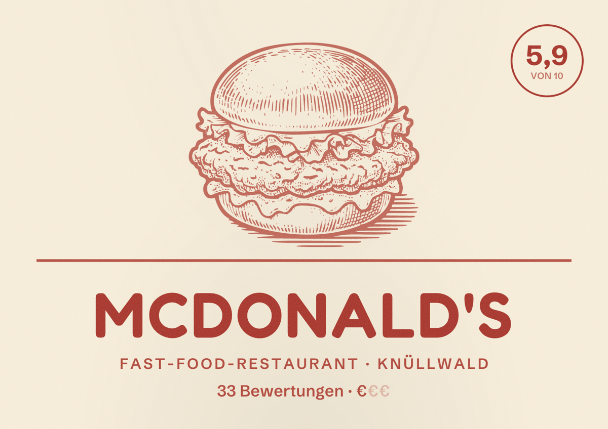 Illustriertes Poster von McDonald's, Fast-Food-Restaurant in Knüllwald: Bewertung 5,9 von 10 aus 33 Bewertungen, Preisniveau €