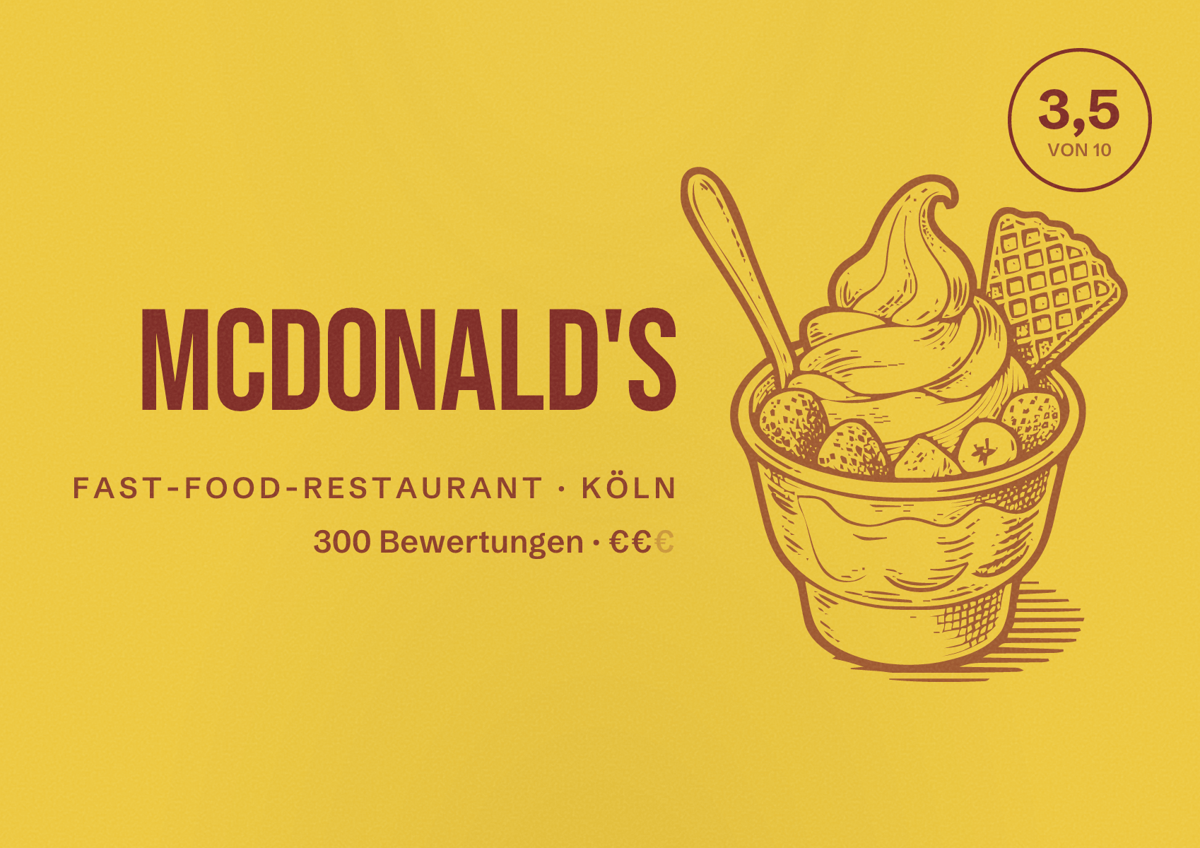 Illustriertes Poster von McDonald's, Fast-Food-Restaurant in Köln: Bewertung 3,5 von 10 aus 300 Bewertungen, Preisniveau €€