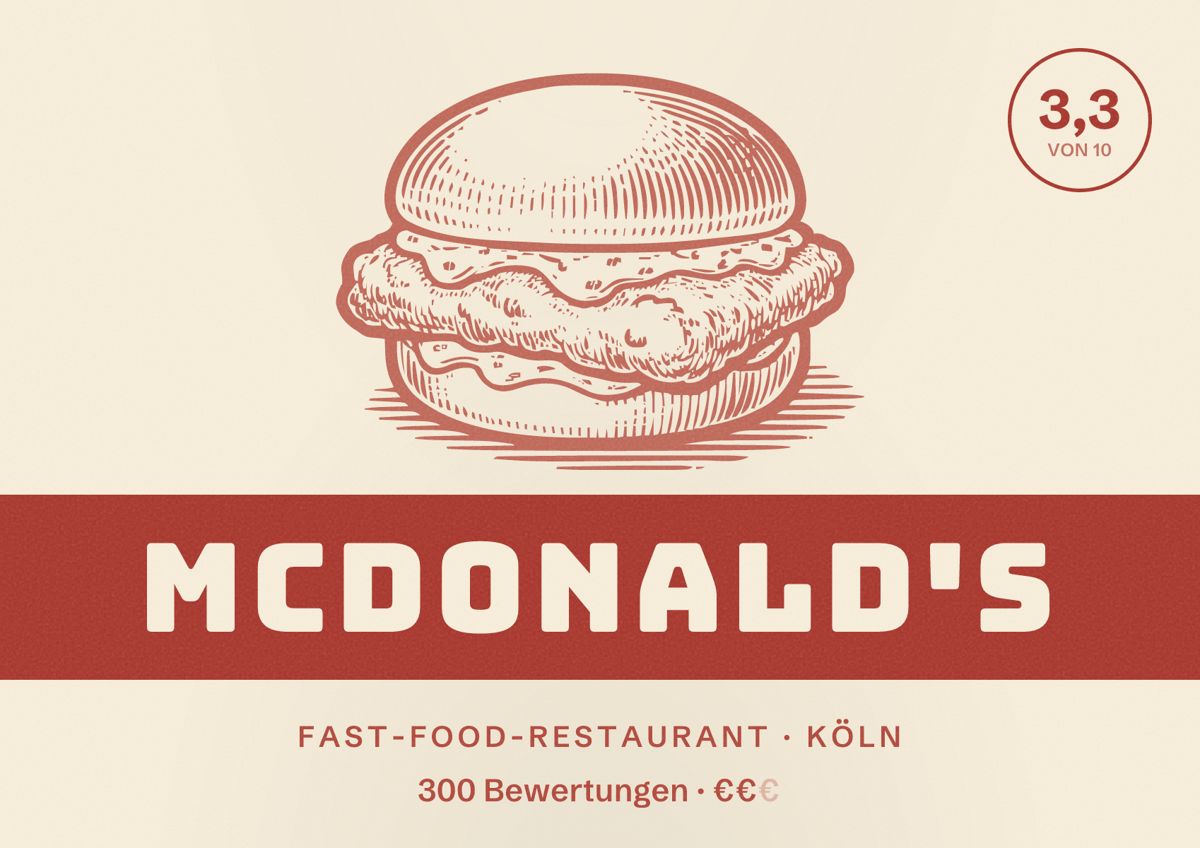 Illustriertes Poster von McDonald's, Fast-Food-Restaurant in Köln: Bewertung 3,3 von 10 aus 300 Bewertungen, Preisniveau €€